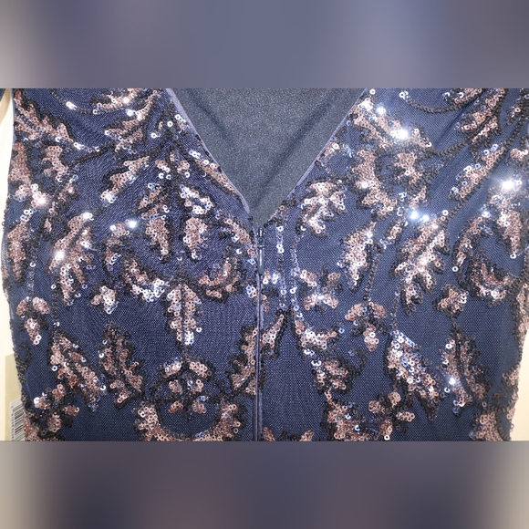 Eliza J Petite Feather-Trim Sequin Sheath Dress - Navy Pansy - Picture 7 of 11